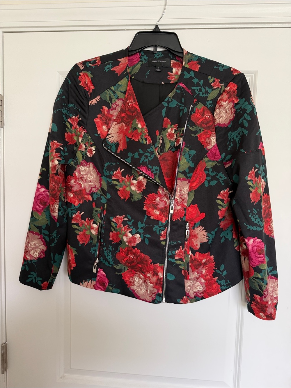 Mark Zunino Floral Black Moto Jacket with Red & Pink Blooms